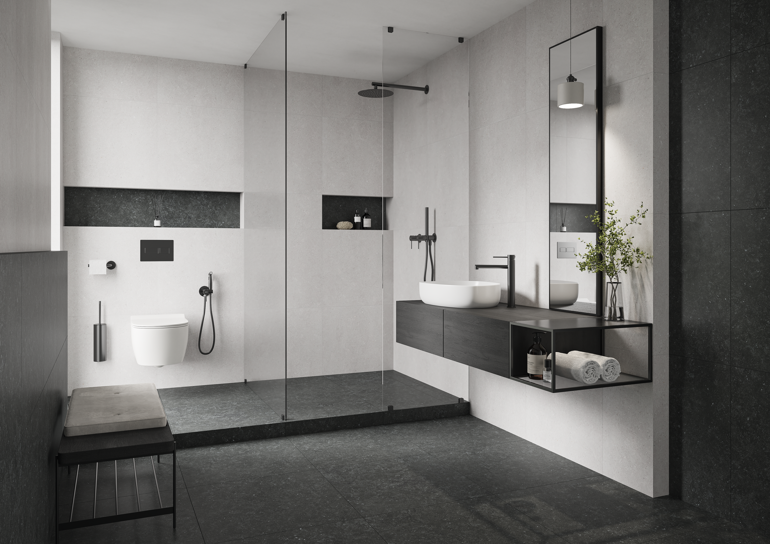 Nowoczesna łazienka w stylu industrialnym z armaturą w kolorze Gun Metal, prysznicem walk-in i szarymi płytkami imitującymi beton.
